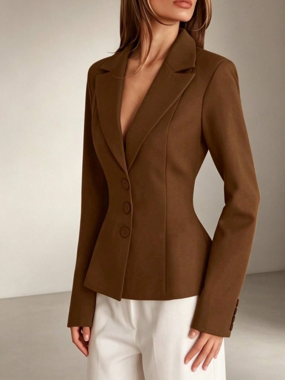 Brown Elegant Casual Women's Regular Fit Lapel Two Button Shacket